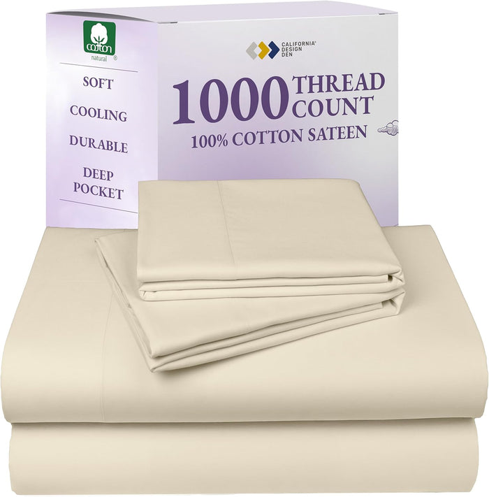 California Design Den Split King Sheets Sets for Adjustable Bed - Luxury 1000 Thread Count Sateen, Thick and Natural 100% Cotton Bed Sheets, Deep Pockets, Durable Bedding Set - White