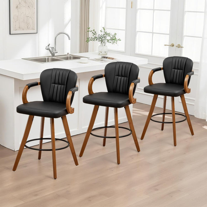26" Swivel Counter Height Bar Stools with Back, White Faux Leather Kitchen Island Bar Chairs with Arms,Spliced Pleated Wingback Barstools for Bar/Kitchen/Dining Room,Set of 3