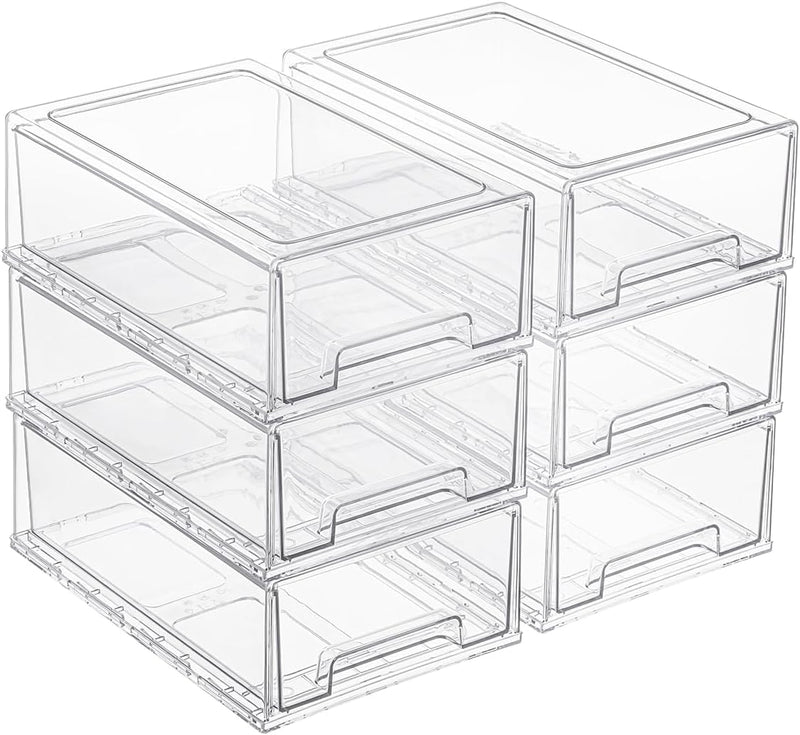 PeJeyiee 2 Pack Stackable Pull-Out Storage Drawers，Plastic Clear Organizer Bins with Handles，Easily Clean for Kitchen Undersink，Craft, and Toy Organization，Fridge，Closet, Pantry, Office, Bathroom