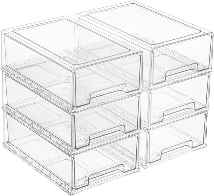 PeJeyiee 2 Pack Stackable Pull-Out Storage Drawers，Plastic Clear Organizer Bins with Handles，Easily Clean for Kitchen Undersink，Craft, and Toy Organization，Fridge，Closet, Pantry, Office, Bathroom
