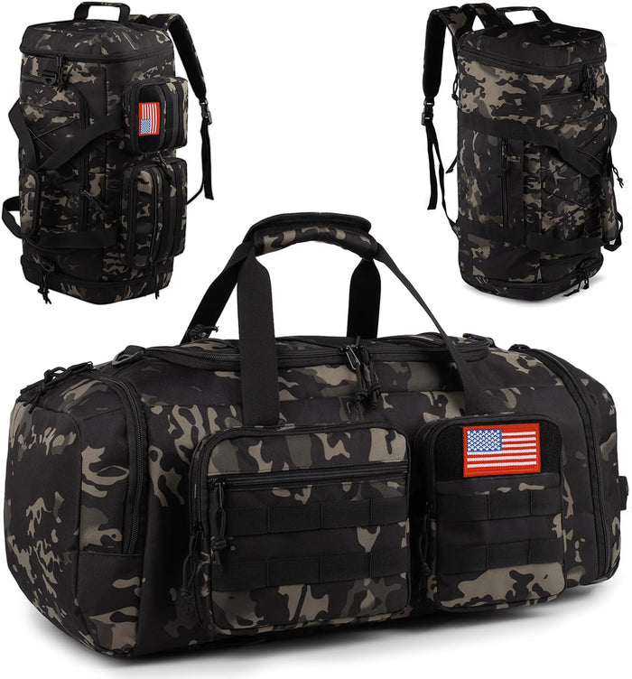 Tactical Gym Bag for Men，70L Large 3 in 1 Sports Duffle Bag with Shoes Compartment for Travel,Water Resistant Travel Backpack Weekender Overnight Bag with Wet Pocket for Women
