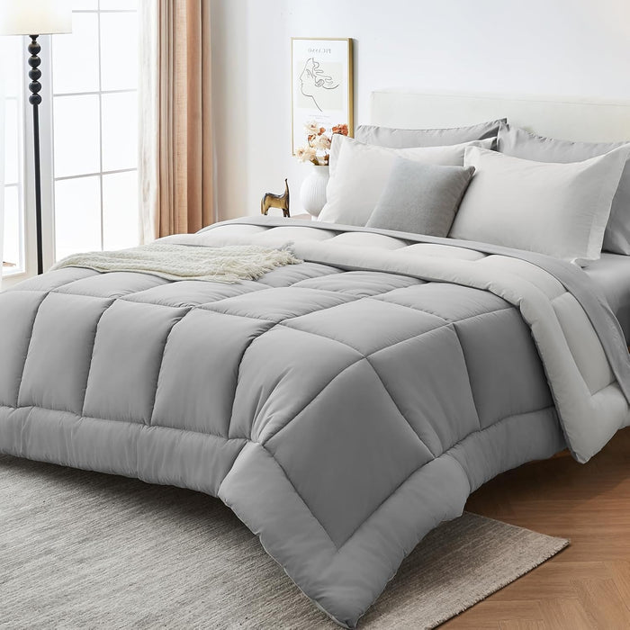 Sasttie Queen Comforter Set, 7 Pieces Bed in a Bag Queen, Complete Bedding Set Includes Grey Comforter, Flat Sheet, Fitted Sheet, Pillowcases and Pillow Shams, Dark Grey