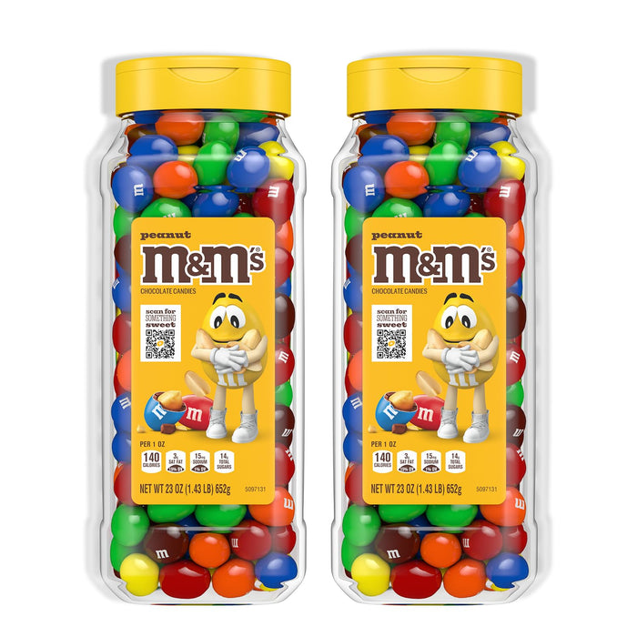 M&M’S Peanut Candy Jars, Assorted Chocolate Candies, Party Size Bulk, Movie Night Treats, Bulk Chocolate Candy, Buffet Chocolates, Resealable and Recyclable, 23 Oz Each, Pack of 2