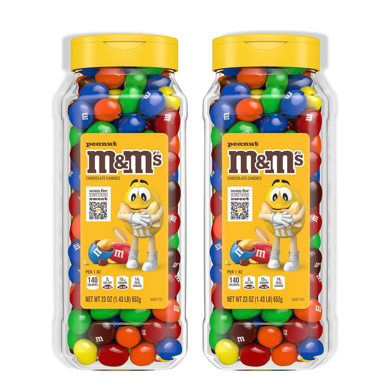 M&M’S Peanut Candy Jars, Assorted Chocolate Candies, Party Size Bulk, Movie Night Treats, Bulk Chocolate Candy, Buffet Chocolates, Resealable and Recyclable, 23 Oz Each, Pack of 2