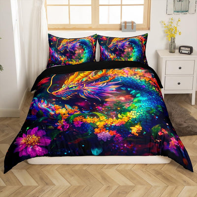 Feelyou Dragon Bedding Set Full Size Flower Dragon Comforter Cover Set for Boys Girls Teens Wild Life Duvet Cover Dragon Decor Bedspread Cover Room Decor Clorful Quilt Cover,No Comforter