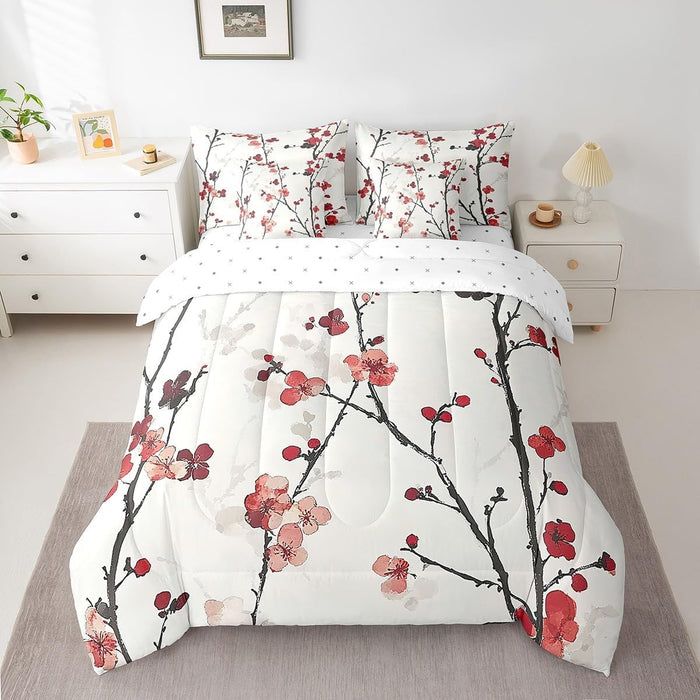 Feelyou Cherry Blossoms Bed Set for Kids Boys Girls Twin Size Sakura Flower 7 Pieces Beeding Set Ultra Soft Japanese-Style Bed in a Bag with Comforter, Sheets, Pillowcases Floral Botanical Room Decor