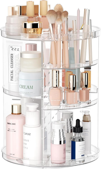 Rotating Makeup Organizer, DIY 8 Adjustable Layers Spinning Skincare Organizer, Cosmetic Display Case with Brush Holder Perfume Tray, Multi-Function Storage Carousel for Vanity Bathroom Countertop