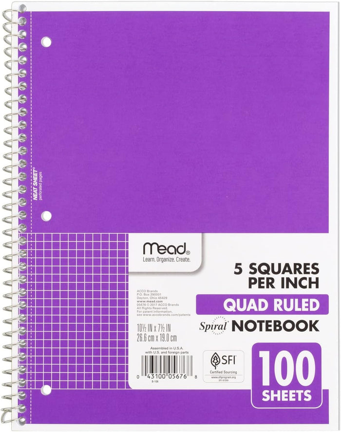 Mead Spiral Notebook, 1 Subject, Graph Ruled Paper, 7-1/2" x 10-1/2", 100 Sheets, Green (05676AC5)