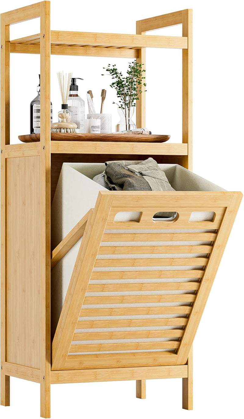 HITNET Bamboo Tilt Out Laundry Hamper, Bathroom Storage Cabinet with Hidden Removable Basket and 2 Open Shelves, Space Saving Bamboo Storage for Clothes, Towels and Toys, Walnut
