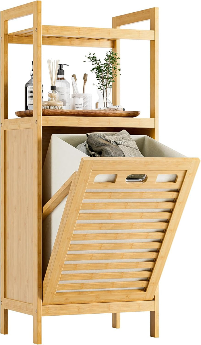HITNET Bamboo Tilt Out Laundry Hamper, Bathroom Storage Cabinet with Hidden Removable Basket and 2 Open Shelves, Space Saving Bamboo Storage for Clothes, Towels and Toys, Walnut