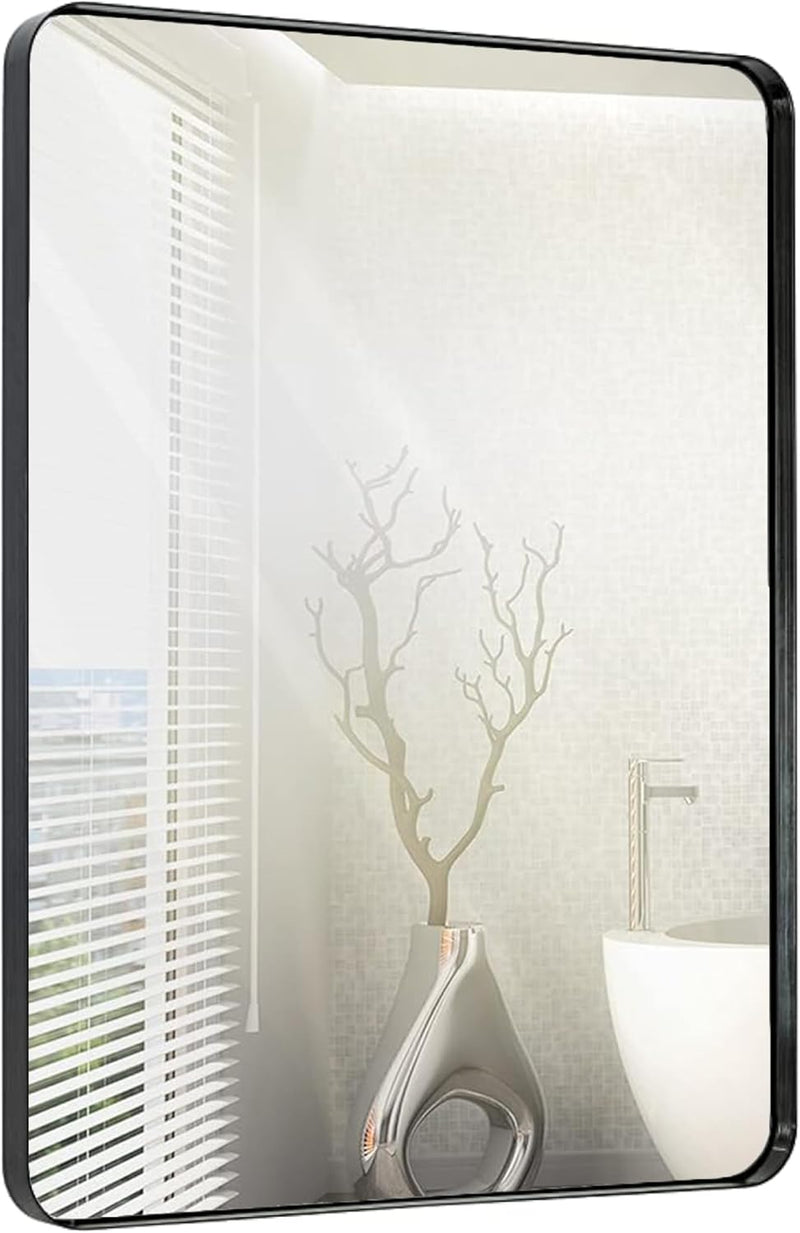 Hamilton Hills 24x36 Inch Metal Black Frame Mirror for Bathroom - Brushed Rectangular Rounded Corner Vanity - 2" Deep Set Design Large Wall Mirrors Decorative - Hangs Horizontal and Vertical