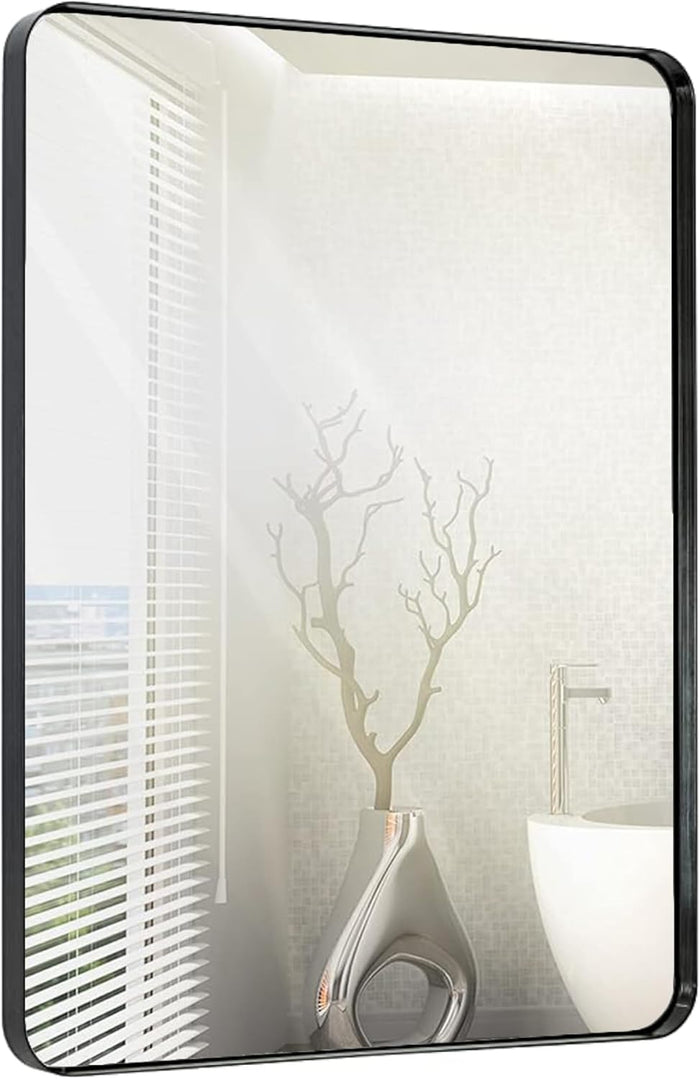 Hamilton Hills 24x36 Inch Metal Black Frame Mirror for Bathroom - Brushed Rectangular Rounded Corner Vanity - 2" Deep Set Design Large Wall Mirrors Decorative - Hangs Horizontal and Vertical