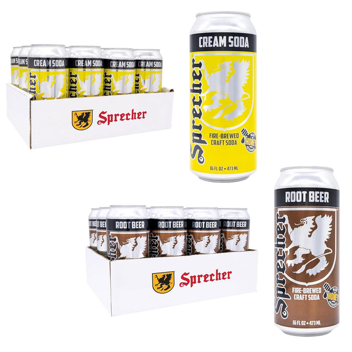 Sprecher Root Beer & Cream Soda Craft Soda – Fire-Brewed with Real Honey, Caffeine-Free & Gluten-Free Gourmet Sodas – 16 fl oz Cans (24 Total)