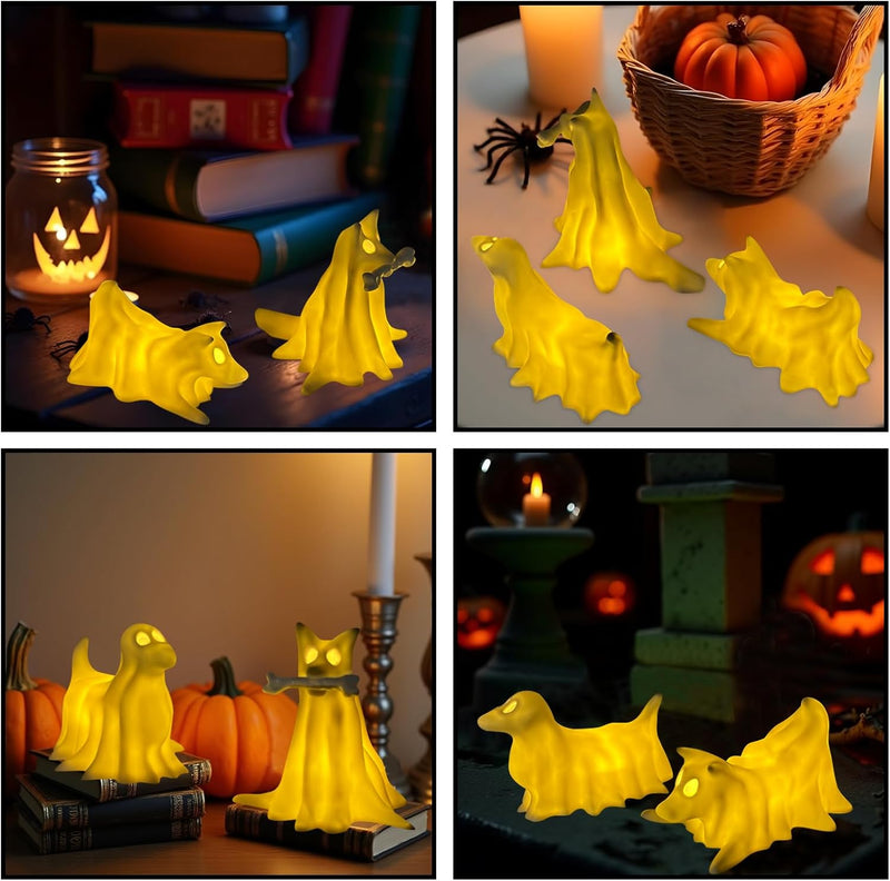 Light-Up Halloween Decorations, Set of 3 Draped Ghost Dog Figurines, Spooky Halloween Decorations Indoor, Ghost Decor for Home Party Display