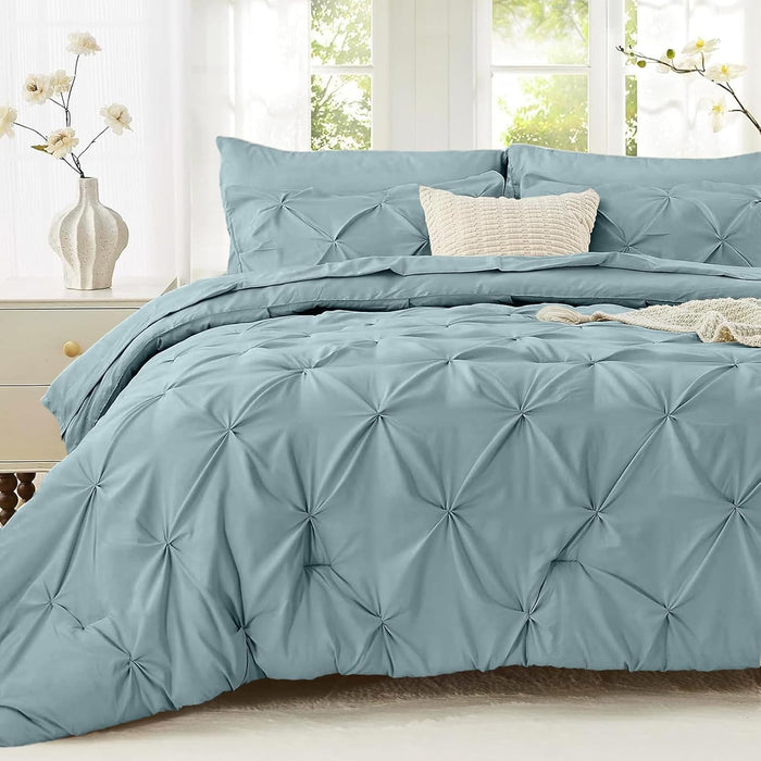 Sasttie Queen Comforter Set, 7-Piece Bed in a Bag, Pintuck Bedding Sets for All Season, Includes Comforter, Flat Sheet, Fitted Sheet, Pillowcases and Pillowshams, Beige