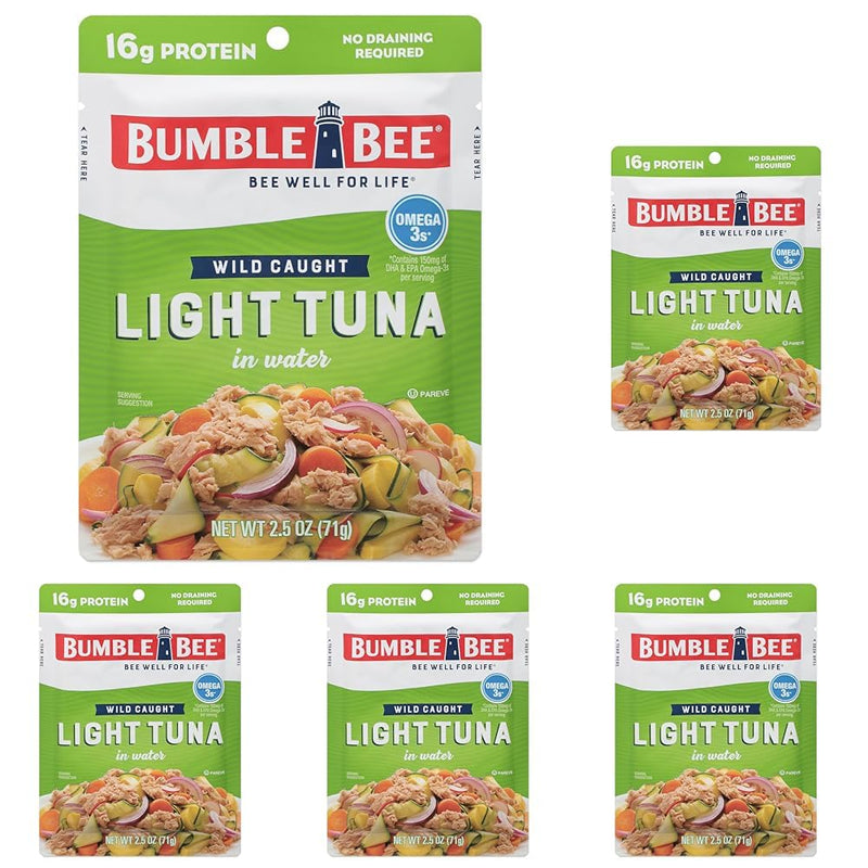 Bumble Bee Chunk Light Tuna in Water, 2.5 oz Pouches (Pack of 12) - Ready to Eat Wild Caught Skipjack Tuna Packet - 16g Protein per Serving - MSC Sustainable Seafood, Non-GMO, Gluten Free, Kosher