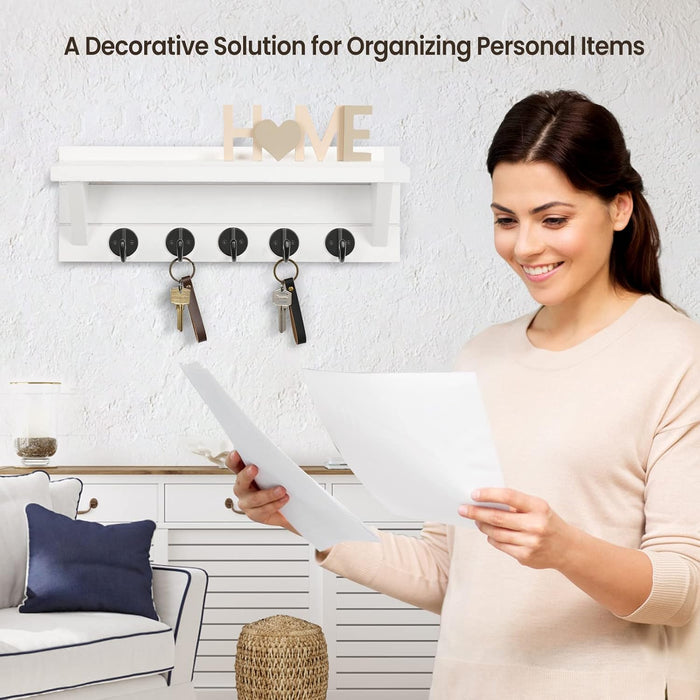 Wall Key Holder, Rustic Shelf with Hooks Made of Paulownia Wood Holds Keys, Dog Leash, Bags and More - 13.7" W x 4.7" H x 3.5" D Decorative Key Hanger and Entryway Shelf