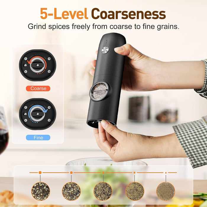Electric Salt and Pepper Grinder Set：Rechargeable Automatic Pepper Mill Grinder with LED House Warming Gifts New Home, USB Adjustable Coarseness shakers, One-Hand Operation for Kitchen Appliances