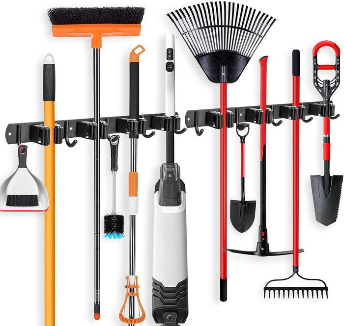 IMILLET Broom Holder Wall Mount, Broom Holder Stainless Steel Heavy Duty Garage Organization Broom Organizer Wall Mount Self Adhesive Laundry Room Organization and Storage（5 Racks and 4 Hooks）