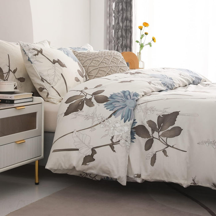 SLEEPBELLA Cotton King Size Comforter, 600 Thread Count Cotton Brown Branches and Blue Flowers Off-White Comforter Sets, Down Alternative Bedding Set 3Pcs(King, Off-White Botanical)