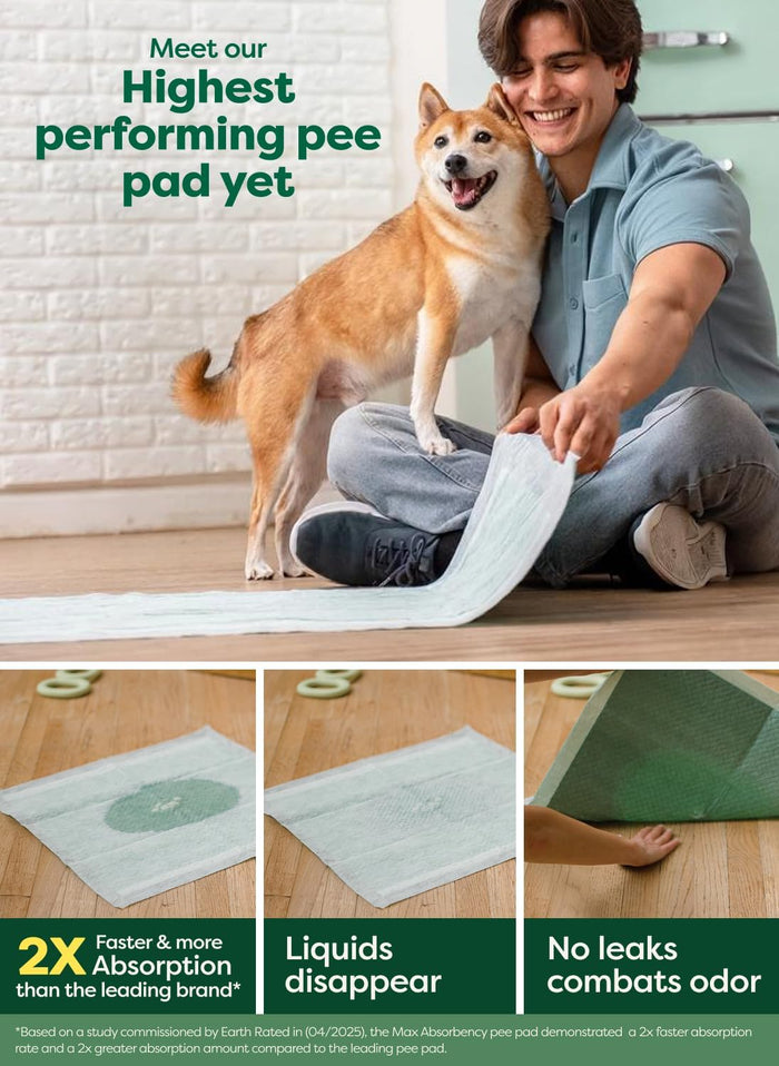 Earth Rated Max Absorbency Puppy Pee Pads for Dogs Absorbs 2X Faster & 2X More, Leak-Proof, Odor Control Potty Training, Unscented, 3XL, 36” x 36”, 24 Count