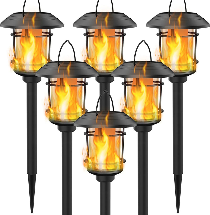 Dynaming 6 Pack Solar Flame Torch Lights Outdoor, Dual Use Flickering Purple Flame Garden Light, Hanging Lantern, Auto On/Off & Waterproof Halloween Lighting for Lawn Patio Yard Walkway Driveway