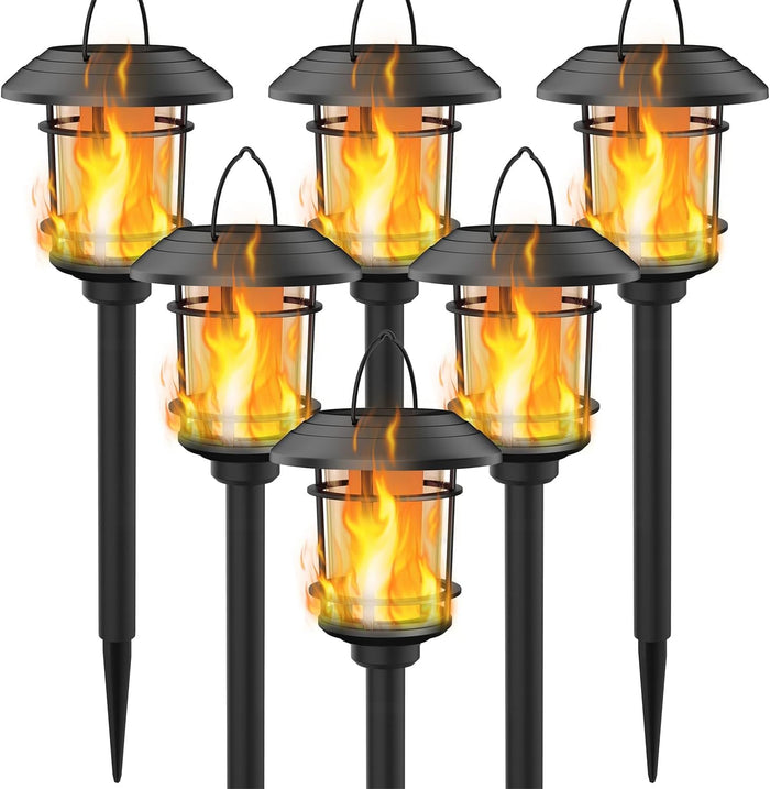 Dynaming 6 Pack Solar Flame Torch Lights Outdoor, Dual Use Flickering Purple Flame Garden Light, Hanging Lantern, Auto On/Off & Waterproof Halloween Lighting for Lawn Patio Yard Walkway Driveway
