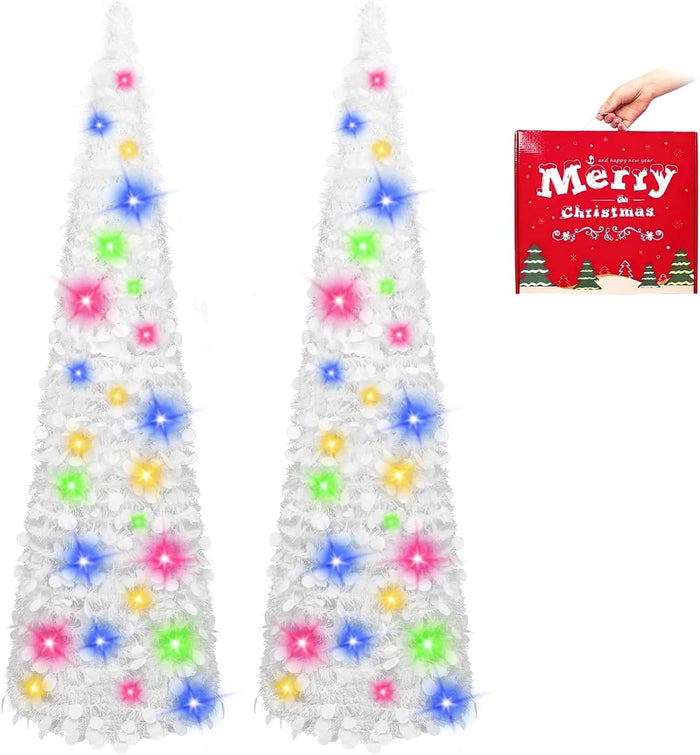 MACTING Christmas Pop up Tree with 50 LED Lights Timer 5FT Silver Collapsible Tinsel Pencil Tree Easy-Assembly Coastal Glitter Artificial Tree for Porch Apartment Corner Home Party Xmas Decorations