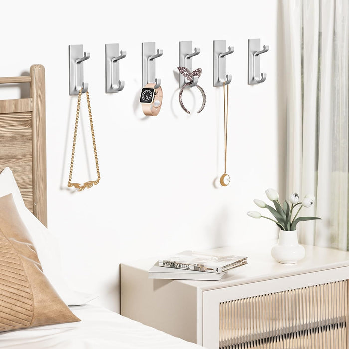 Silver Self Adhesive Hooks - 6 Pack Stick on Hanger for Coats, Towels and Robes, Double Hooks for Door, Kitchen, Bathroom, Shower, Rental Houses, Hold 13lbs.