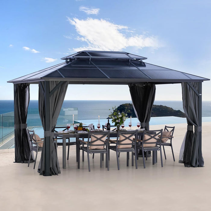 LeDoasis 10' X 13' Permanent Hardtop Gazebo, Outdoor Polycarbonate Double Roof Canopy with Breathable Netting & Privacy Curtain for Patio Backyard Garden Lawn Party