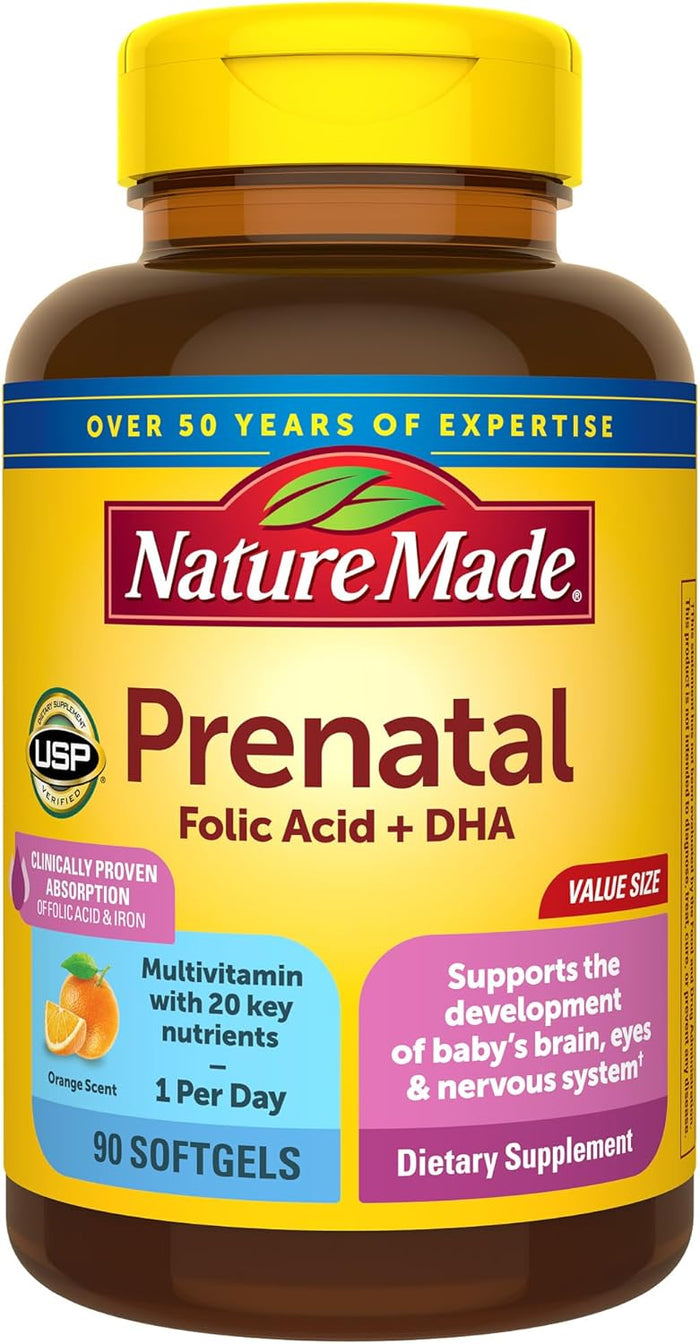 Nature Made Prenatal with Folic Acid + DHA, Prenatal Vitamin and Mineral Supplement for Daily Nutritional Support, 110 Softgels, 110 Day Supply