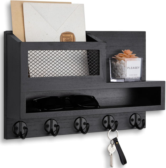Key and Mail Holder Wall Mount, Key Hanger with Long Storage Box and 5 Hooks for Coat, Dog Leash, Home Decor Rack, House Accessories, Entry Way Organizer 11.8”W x 7.8”H x 3.2”D