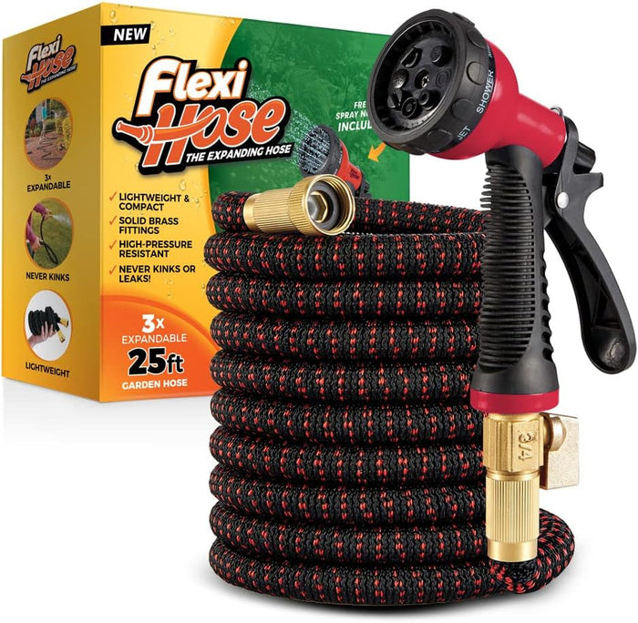 Flexi Hose PLUS with 8 Function Nozzle Expandable Garden Hose, Lightweight & No-Kink Flexible Garden Hose, 3/4 inch Solid Brass Fittings and Double Latex Core, 50 ft Black
