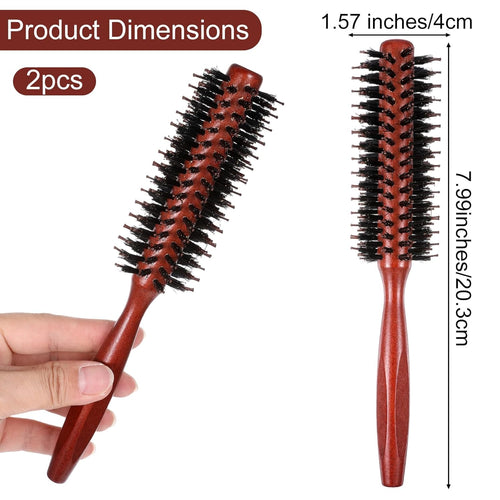 2 Pack Small Round Hair Brush Boar Bristle Roller Hairbrush Wooden Handle Volumizing Hair Brush for Blow Drying Short Thin Fine Hairs Styling Women Curling Bangs Men Beard Travel Household