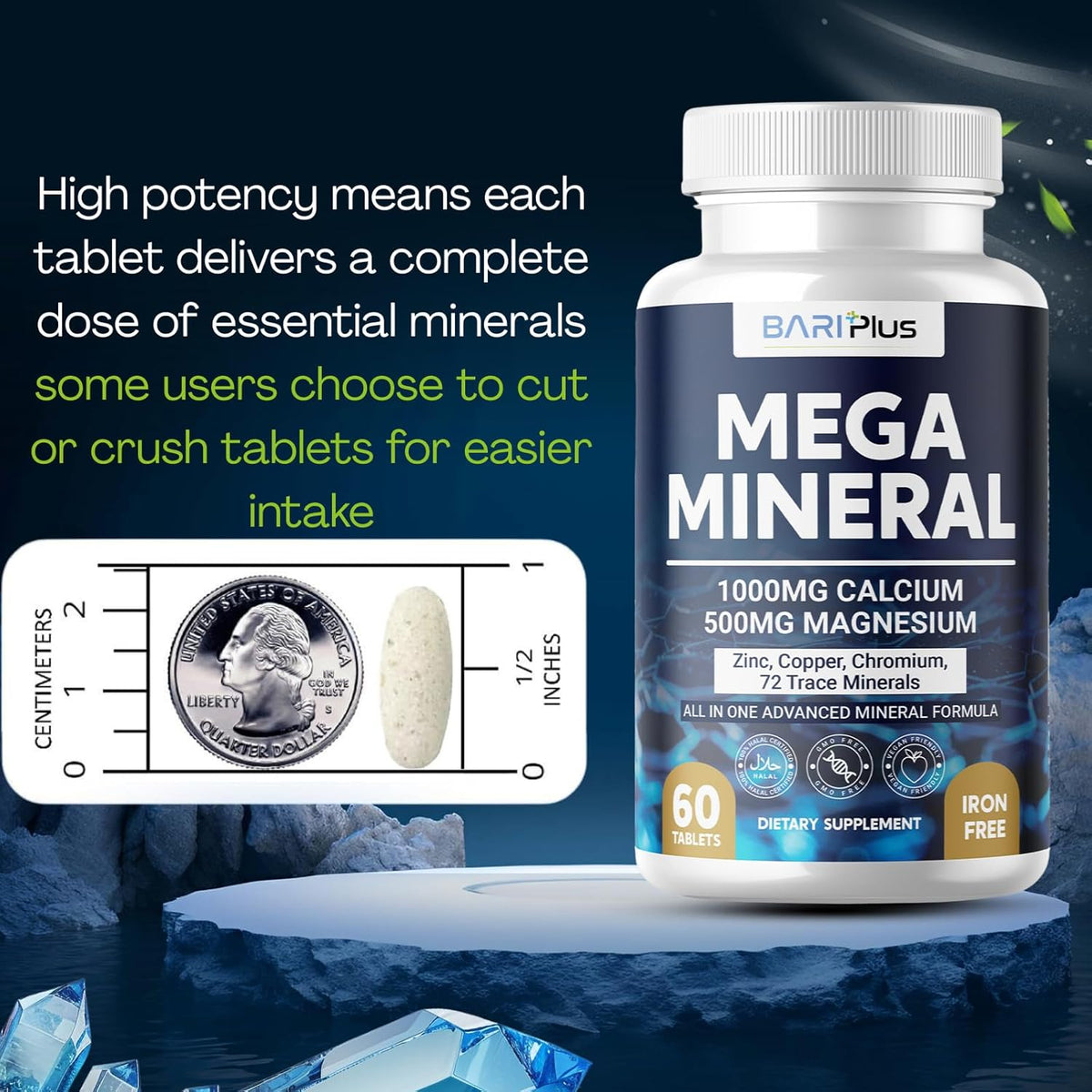 Mega Mineral – Complete Complex with Vitamin D, Calcium, Magnesium, Zinc, Potassium, Boron, Selenium, Chromium & 72 Trace Minerals – Iron-Free – USA Made – 60 Tablets