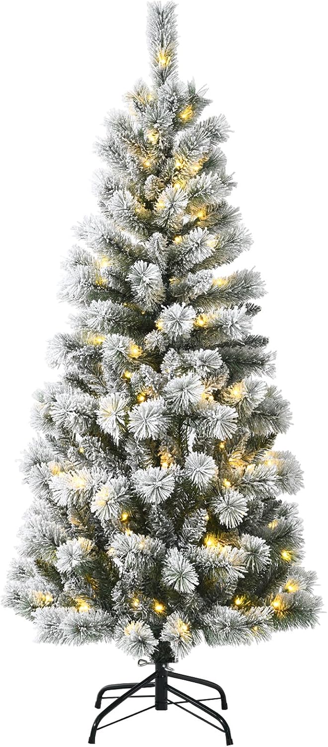 DORTALA Pre-lit Christmas Tree, 5FT Snow Flocked Pine Artificial Xmas Tree with Remote Control, 279 Branch Tips, 140 LED Lights, 9 Lighting Modes, Foldable Metal Stand, White