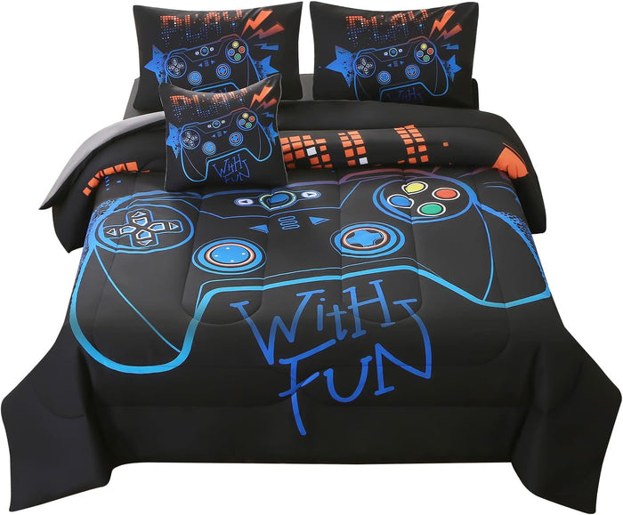 JQinHome Twin Gamer Comforter Sets for Boys&Girls ,6 Piece Bed in A Bag 3D Video Game Bedding -All Season Microfiber Gamer Bedding Sets for Kids, with Pillowcase, Flat & Fitted Sheet,Cushion Cover