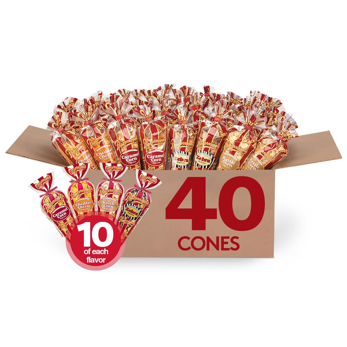 Popcornopolis Gourmet Popcorn Cone Variety Pack (12-Count) – Zebra, Cheddar Cheese, Caramel & Kettle Corn Popcorn, Great for Gifting & Sharing