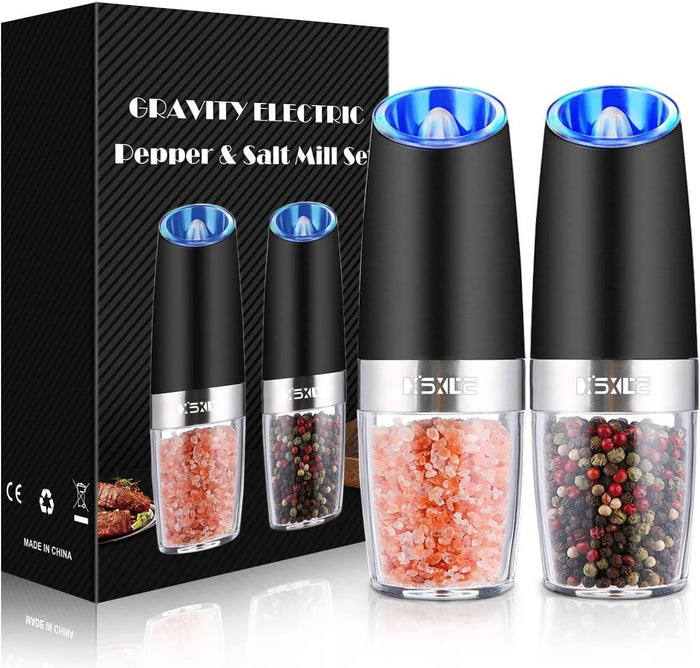 XinXu Gravity Electric Pepper and Salt Grinder Set, Adjustable Coarseness, Battery Powered with LED Light, One Hand Automatic Operation, Stainless Steel -Copper, 2 Pack