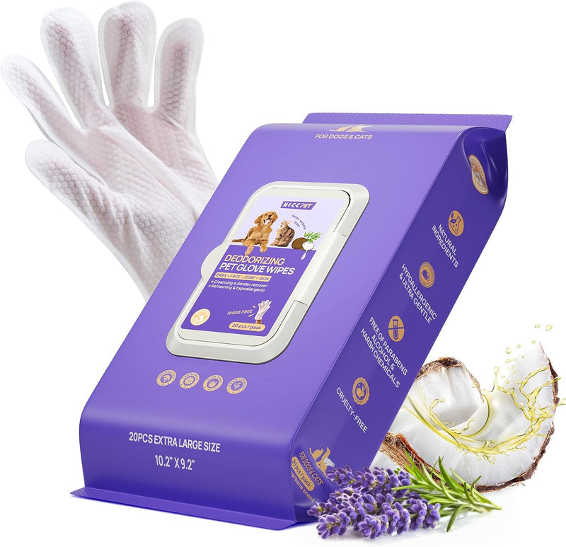 HICC PET Cleaning Deodorizing Glove Wipes for Dogs & Cats, Vet Recommended Hypoallergenic Hydrating & Nourish Fur Pet Grooming Glove Wipes, Pet Bathing Wipes for Horse Coat Care