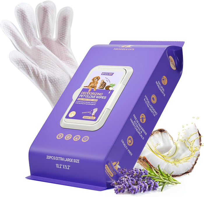 HICC PET Cleaning Deodorizing Glove Wipes for Dogs & Cats, Vet Recommended Hypoallergenic Hydrating & Nourish Fur Pet Grooming Glove Wipes, Pet Bathing Wipes for Horse Coat Care