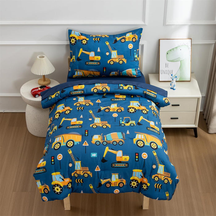 NTBED 4 Pieces Construction Toddler Bedding Set for Baby Boys,Tree Truck Vehicles Excavator Cars Printed, Includes Comforter, Flat Sheet, Fitted Sheet and Pillowcase,Light Grey