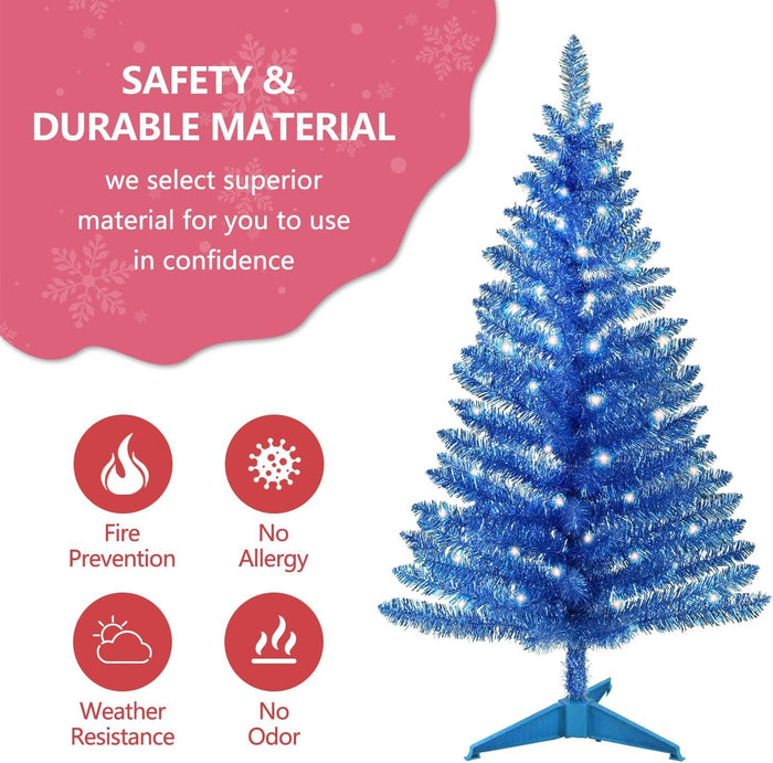 4ft Lighted Artificial Blue Christmas Tree, Not Pre-lit Blue Tinsel Pine Trees with Lights, Ideal for Ideal for Home, Office, and Xmas Party Décor - Includes Stand