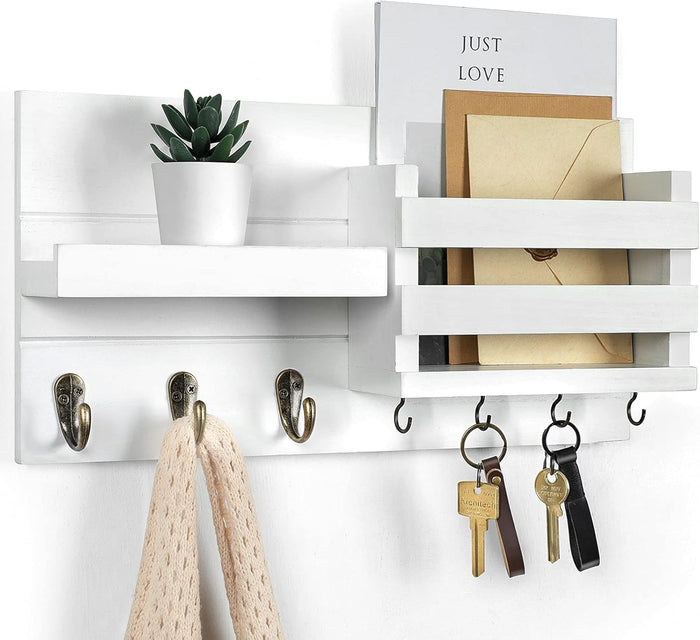 Mail Organizer for Wall Mount – Key Holder with Shelf Includes Letter Holder and Hooks for Coats, Dog Leashes – Rustic Wood with Flush Mounting Hardware (16.5” x 8.7” x 3.5”)