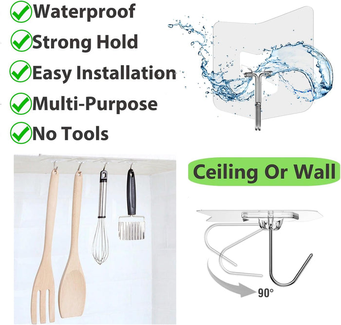 Heavy Duty Adhesive Hooks 12 Pack - Holds 15 lbs, No Residue Wall Hooks for Bathroom, Kitchen, Dorm - Strong Sticky Hooks for Tile, Glass, Wood