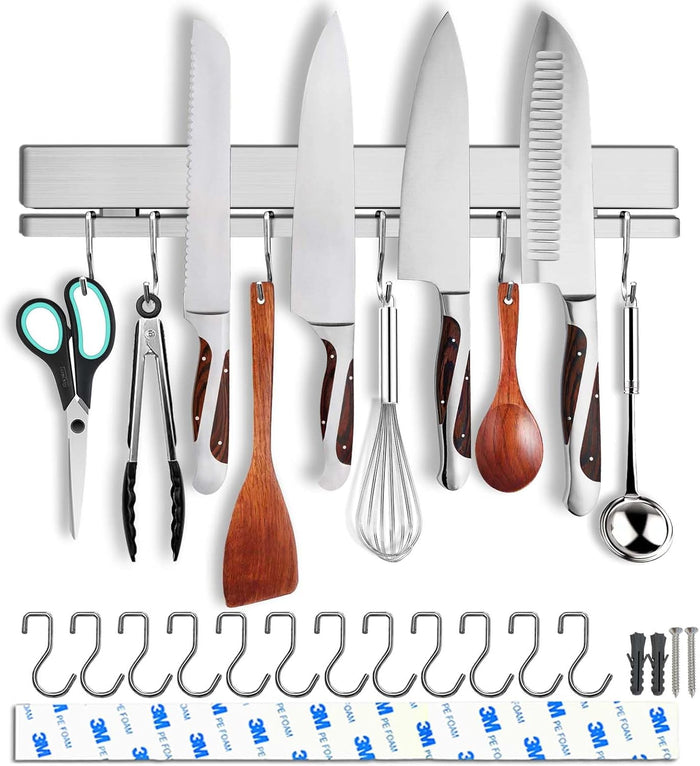 12 Inch Magnetic Knife Holder for Wall with 6 Hooks No Drill-Double Magnetic Bar Strong Adhesive Knife Magnetic Strip-Kitchen Utensil Hanger-304 Stainless Steel Magnetic Kitchen Knife Rack