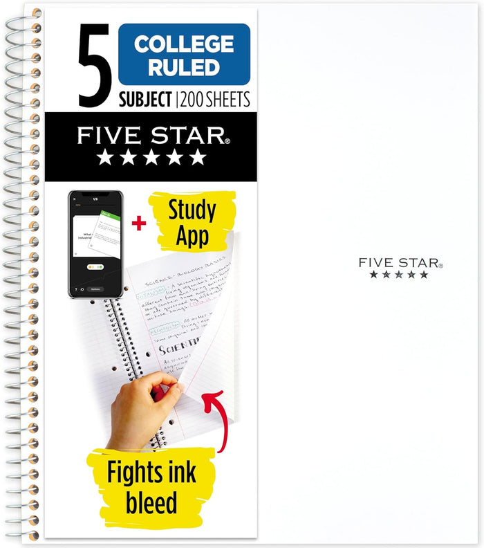 Five Star Spiral Notebook + Study App, 5 Subject, College Ruled Paper, 8-1/2" x 11", 200 Sheets, Fights Ink Bleed, Water Resistant Cover, Black (72081)