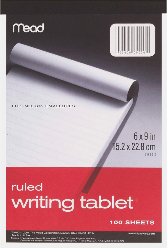 Mead 6 x 9 Inch 100-Sheet White Ruled Writing Tablet Notepad (70102)