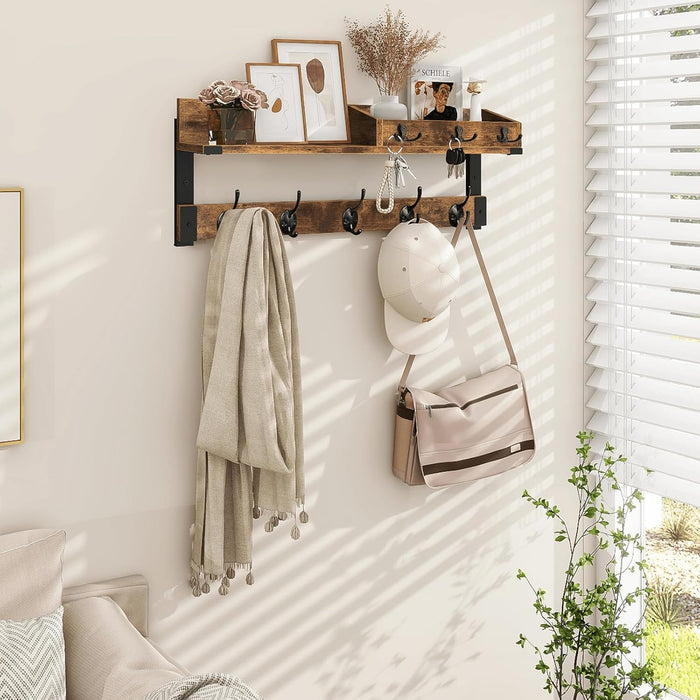 Homode Coat Rack with Shelf, Wall Shelf with Hooks, 26 Inch Long Coat Hanger Wall Mount with Key and Mail Holder, Wood Entryway Shelves for Hanging Hat Jacket Backpack Purse, Rustic Brown Black