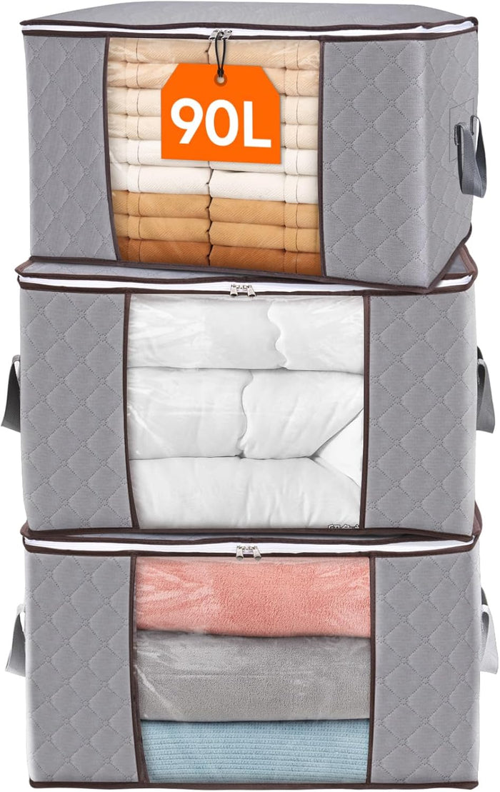 Lifewit 6 Pack Clothes Storage Bins with Lids, Foldable Blanket Storage Bags with Zippers, Clear Window and Reinforced Handles, Closet and Organization for Clothing, Sweater, Comforter, Bedding, Gray